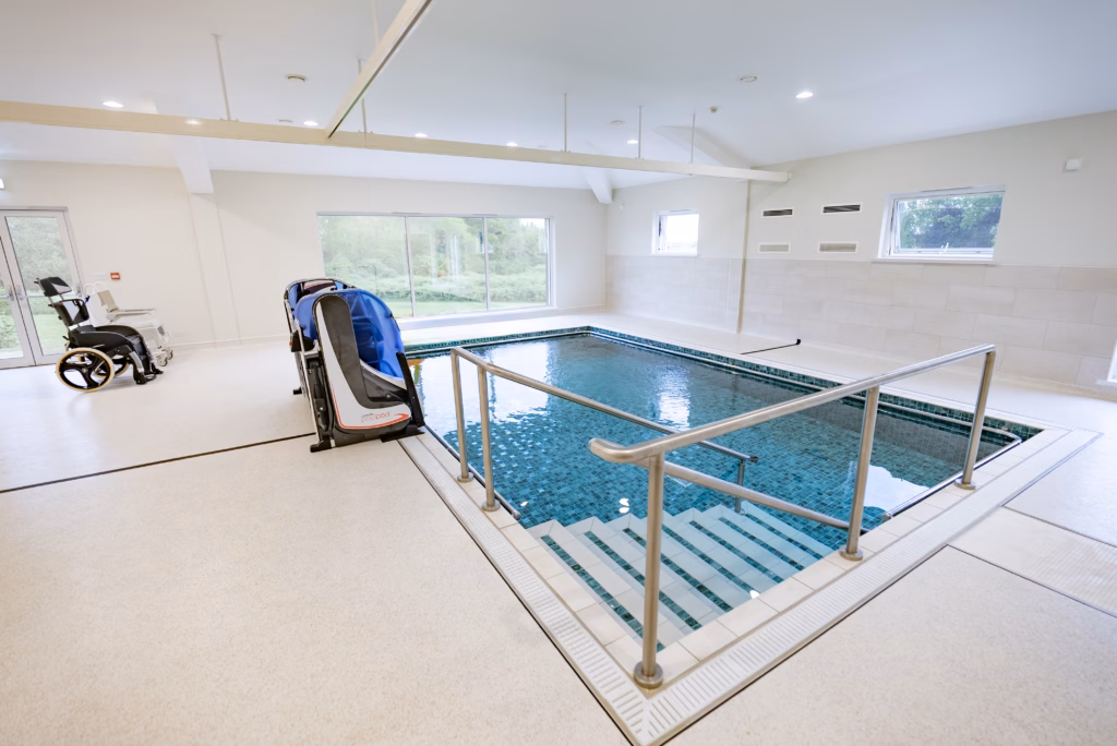 Hothfield Neurological Rehabilitation Centre is the hydrotherapy pool, complete with a lift and PoolPod access system, helping to provide safe, dignified and inclusive patient access for service users with neurological recovery needs, mobility challenges and disabilities. Hydrotherapy can be an important part of rehabilitation, supporting improvements in mobility, balance, strength and overall wellbeing